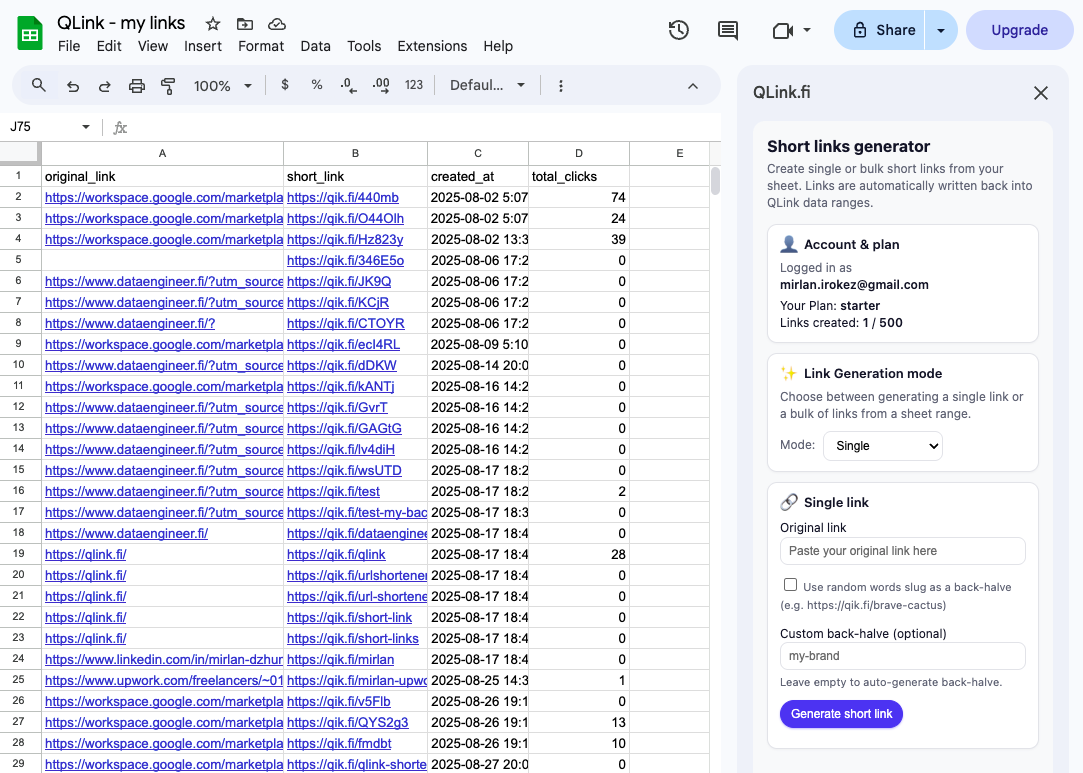 QLink add-on in Google Sheets: generate short links in bulk from your campaign sheet