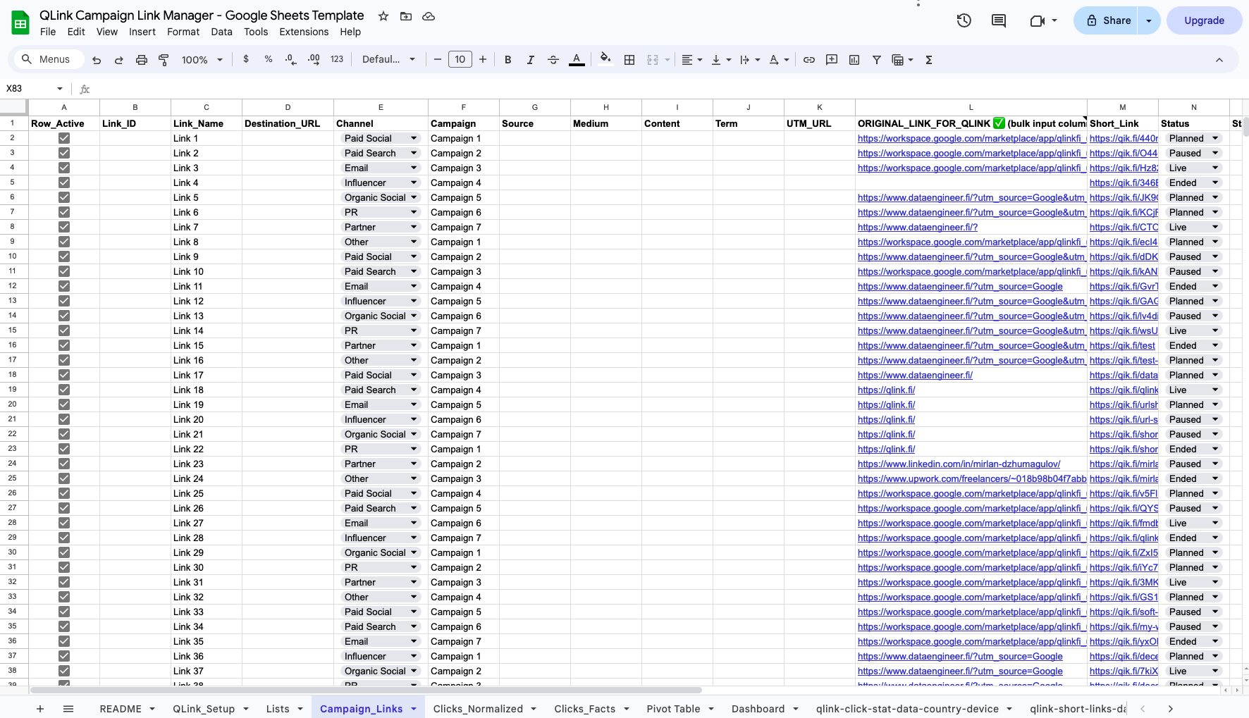 Example campaign tracking sheet: one row per link, with results in the same spreadsheet.