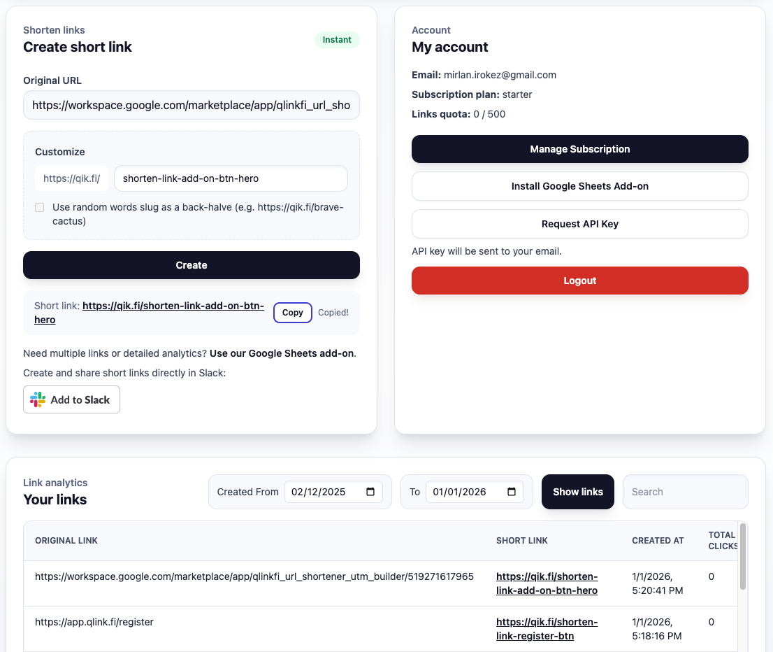 URL shortener web app with click stats and Google Sheets bulk workflow